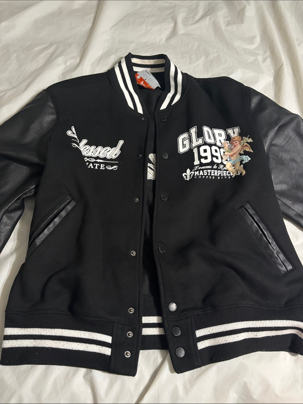 Black Varsity Bomber Jacket with Leather Sleeves